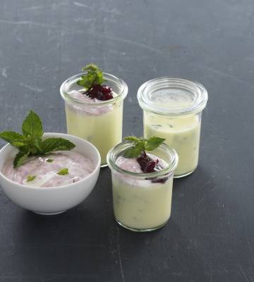 Flan citron-menthe et yogourt aux airelles